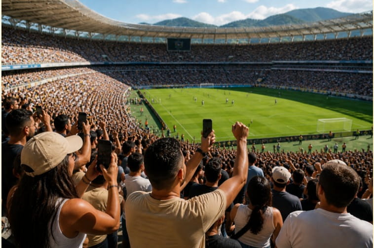 Estadio lleno en un día soleado con aficionados viendo un partido de fútbol.